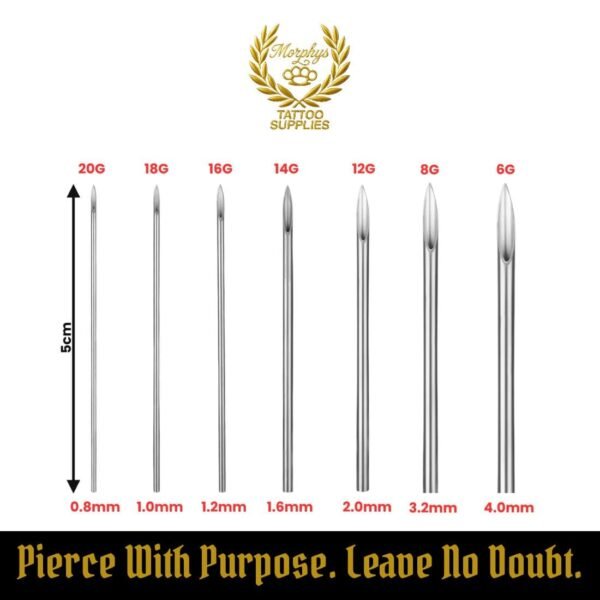 Sterile disposable body piercing needles – 316l stainless steel, EO gas sterilized, individually sealed, available in multiple sizes at Morphys Tattoo Supplies