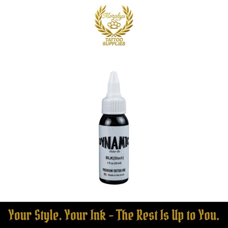 30ml bottle of Dynamic Black tattoo ink – professional-grade black ink for tattoo artists, available at Morphys Tattoo Supplies