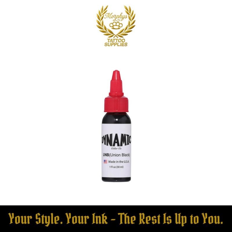 30ml bottle of Dynamic Union Black tattoo ink – premium deep black pigment for professional tattooing, available at Morphys Tattoo Supplies