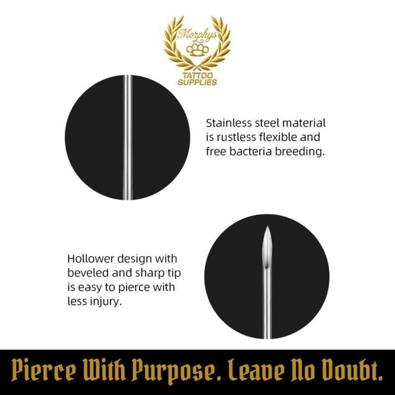 Sterile disposable body piercing needles – 316l stainless steel, EO gas sterilized, individually sealed, available in multiple sizes at Morphys Tattoo Supplies2