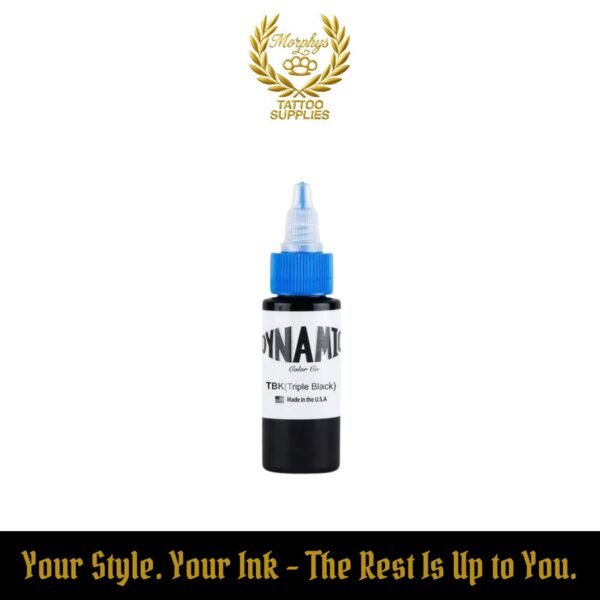 30ml bottle of Dynamic Triple Black tattoo ink – bold, thick black pigment for professional tattoo artists, available at Morphys Tattoo Supplies