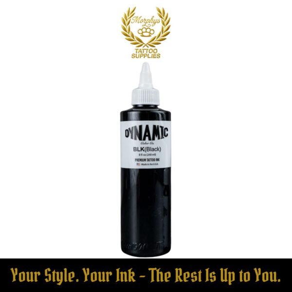 240ml (8 oz) bottle of Dynamic Black tattoo ink – professional-grade black ink for lining, shading, and solid fills, available at Morphys Tattoo Supplies