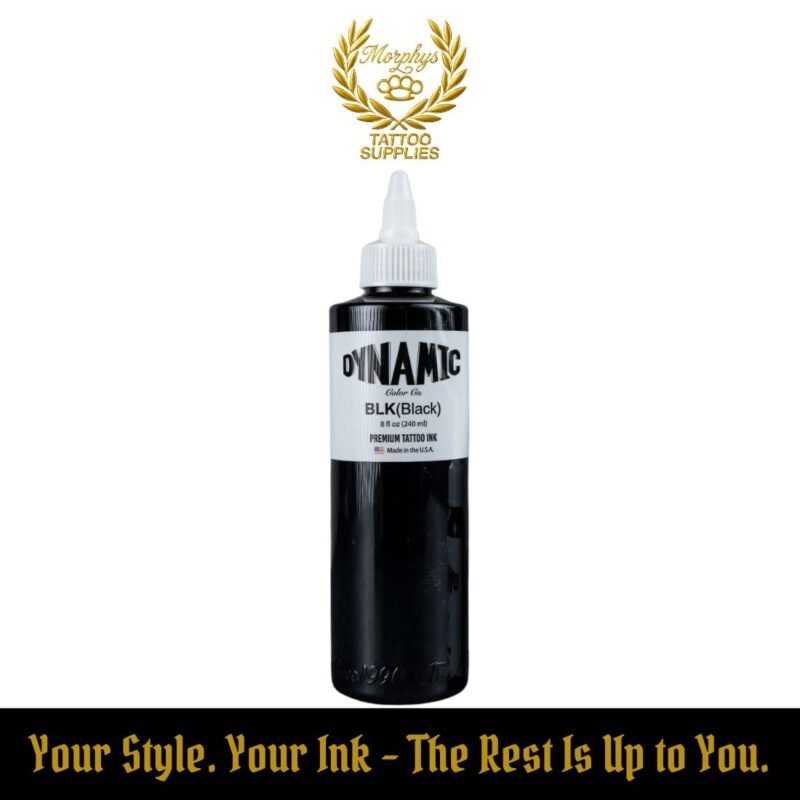 240ml (8 oz) bottle of Dynamic Black tattoo ink – professional-grade black ink for lining, shading, and solid fills, available at Morphys Tattoo Supplies