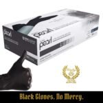 Box of Unigloves Black Pearl powder-free black nitrile gloves – professional disposable gloves for tattoo artists, available at Morphys Tattoo Supplies
